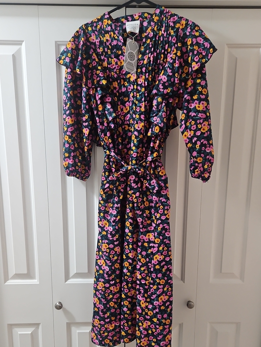 BNWT Floral Midi Dress with Belt - Black Background, Pink & Yellow Flowers
